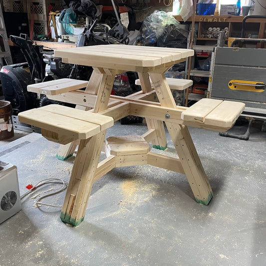 Completed picnic table from our tall picnic table woodworking diy plan