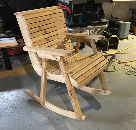 Completed Cedar rocking chair from out cedar rocker woodworking  diy plan