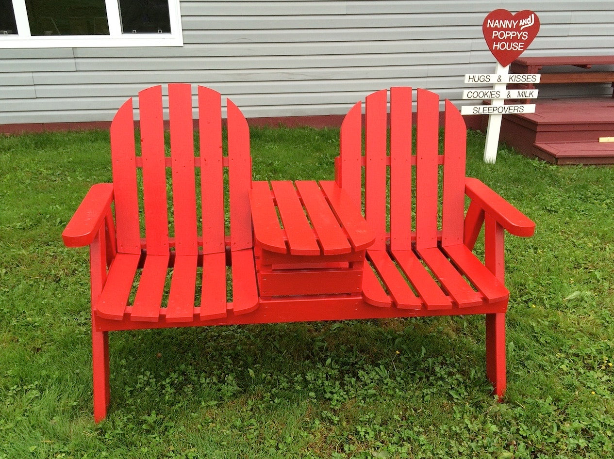 Red bench built from our double bench woodworking diy plan